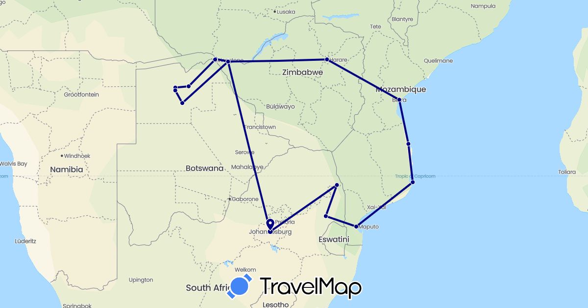 TravelMap itinerary: driving in Botswana, Mozambique, South Africa, Zimbabwe (Africa)